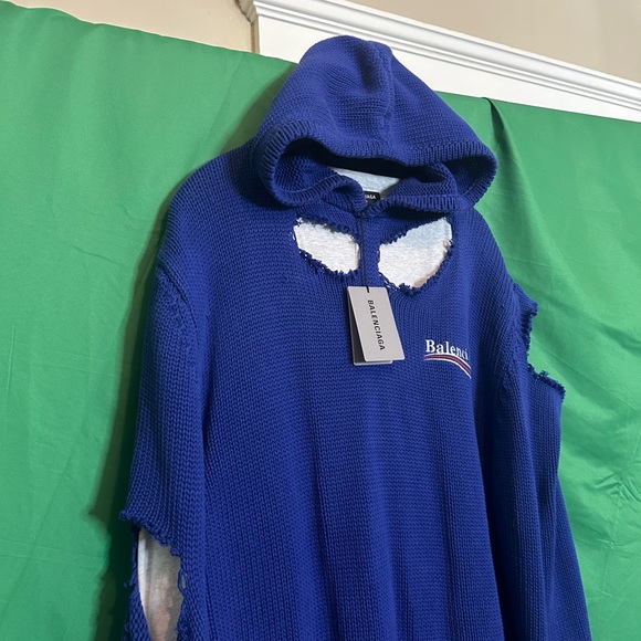 BALENCIAGA destroyed knit layered hybrid campaign hoodie blue NWT - Picture 2 of 16
